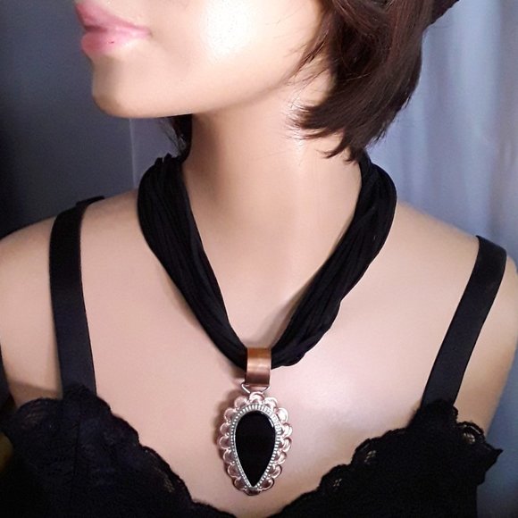 Native American Sterling Copper Onyx Large Pendant Necklace - Picture 3 of 6